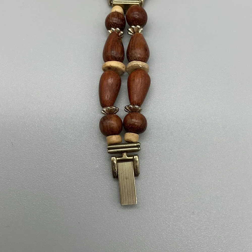 Express Womens Watch 24mm Brown Dial Wood Bead Bracelet New Battery